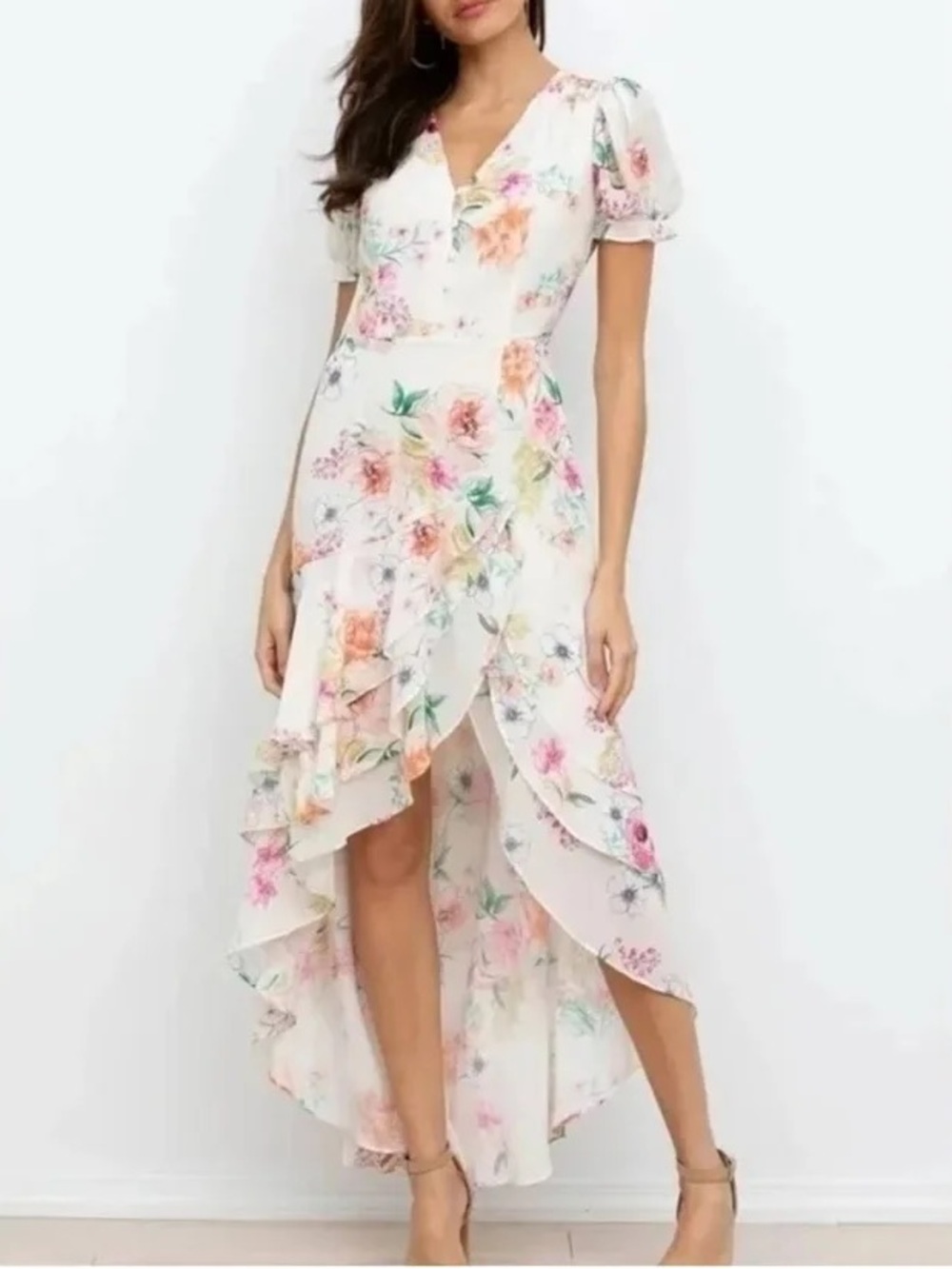 Yumi Kim Summer Love Dalia Cream Floral Tiered Ruffle High Low Maxi Dress L NWT